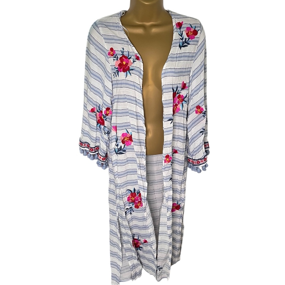 Altar’d State Kimono Beach Tie Embroidered Tassel Trim Open Front Striped S